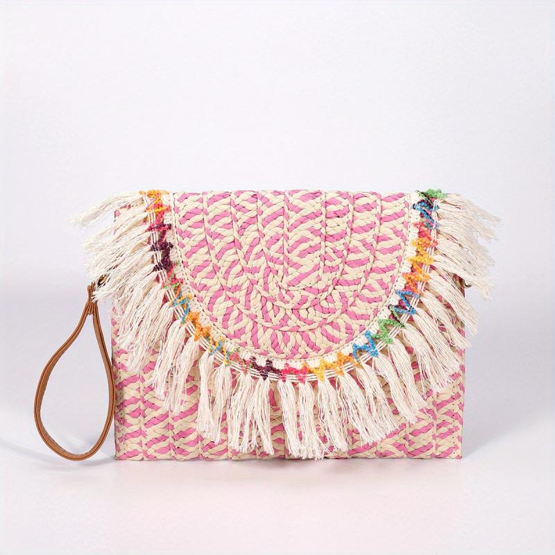 Vintage Ethnic Envelope Bag Retro Bohemian Clutch Purse Straw Woven Handbag