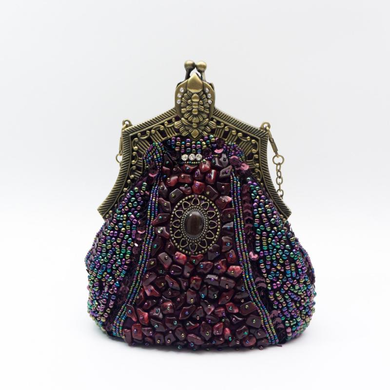 Vintage Beads Sequins Kiss Lock Chain Clutch Evening Bag