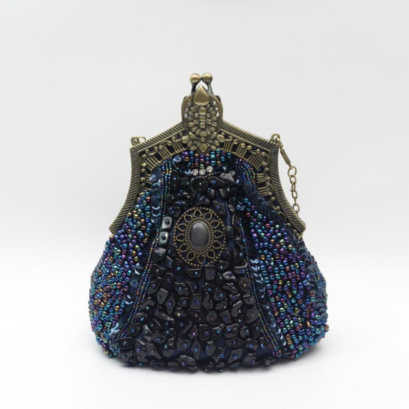 Vintage Beads Sequins Kiss Lock Chain Clutch Evening Bag