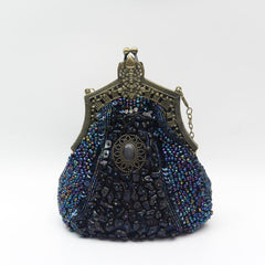 Vintage Beads Sequins Kiss Lock Chain Clutch Evening Bag