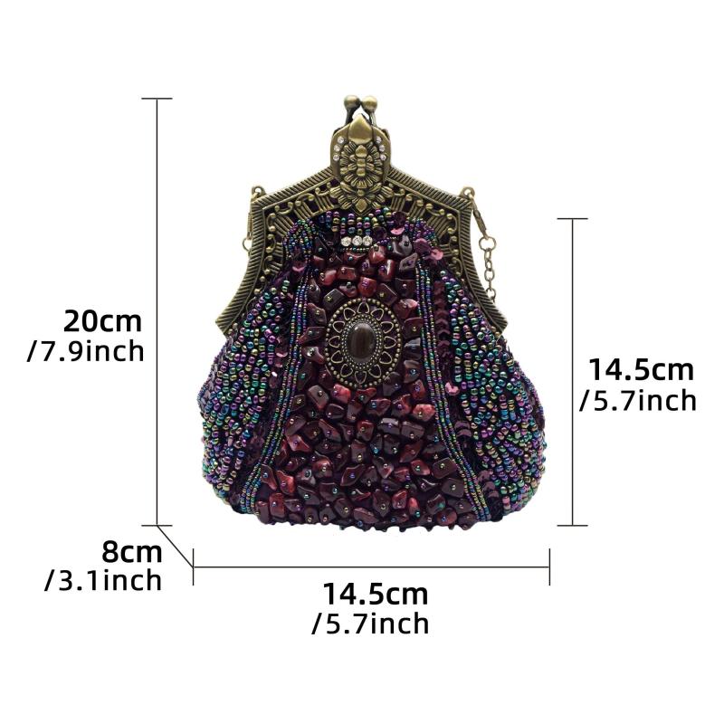 Vintage Beads Sequins Kiss Lock Chain Clutch Evening Bag