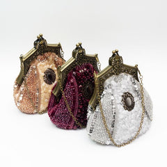 Vintage Beads Sequins Kiss Lock Chain Clutch Evening Bag