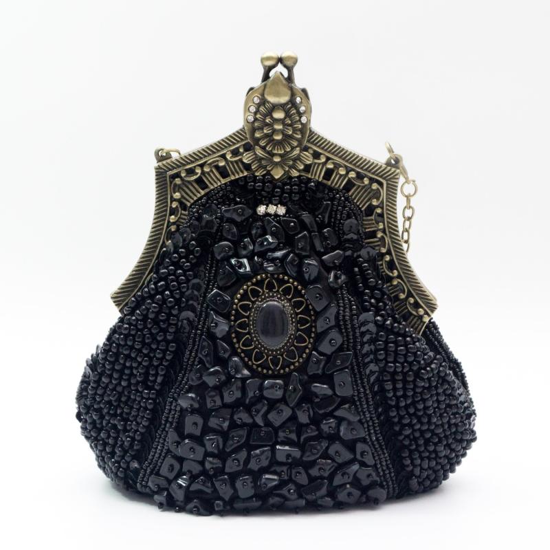 Vintage Beads Sequins Kiss Lock Chain Clutch Evening Bag