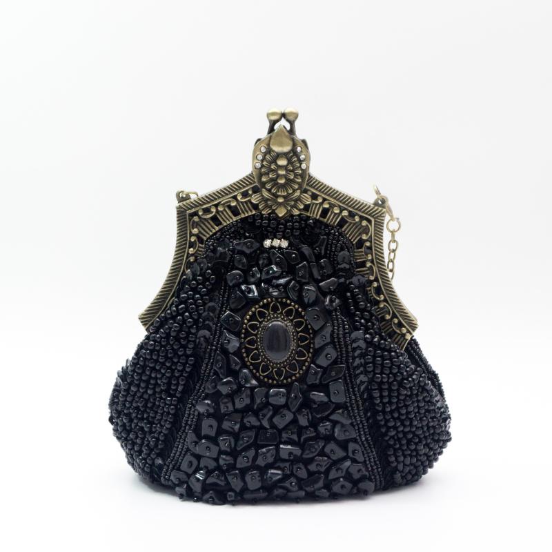Vintage Beads Sequins Kiss Lock Chain Clutch Evening Bag