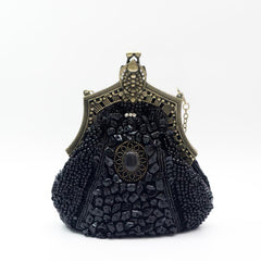 Vintage Beads Sequins Kiss Lock Chain Clutch Evening Bag