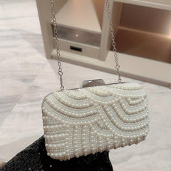 Pearl Beads Glossy Kiss Lock Metal Chain Clutch Box Evening Bag