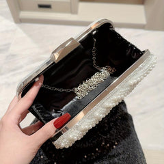 Pearl Beads Glossy Kiss Lock Metal Chain Clutch Box Evening Bag
