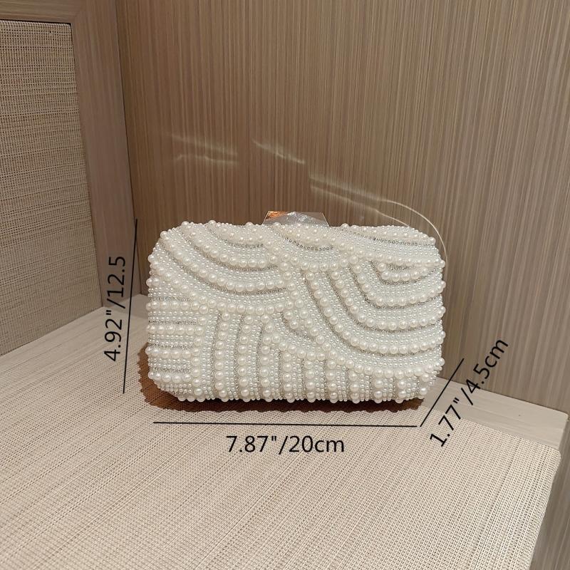 Pearl Beads Glossy Kiss Lock Metal Chain Clutch Box Evening Bag