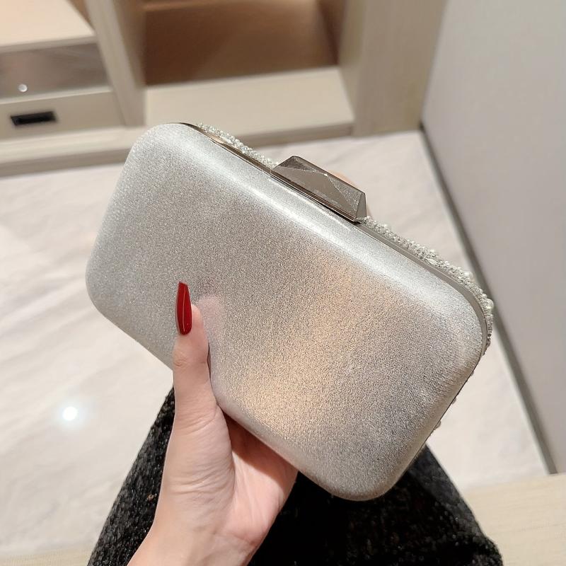 Pearl Beads Glossy Kiss Lock Metal Chain Clutch Box Evening Bag