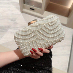 Pearl Beads Glossy Kiss Lock Metal Chain Clutch Box Evening Bag