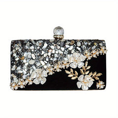 Floral Evening Clutch Bag Glitter Pearl Decor Dinner Bag