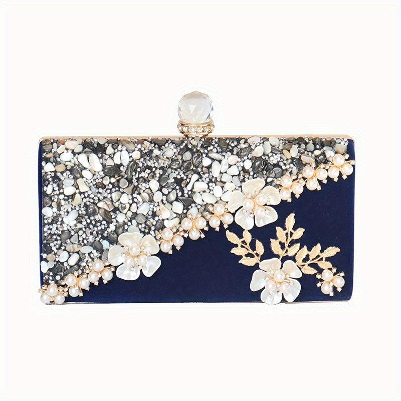 Floral Evening Clutch Bag Glitter Pearl Decor Dinner Bag