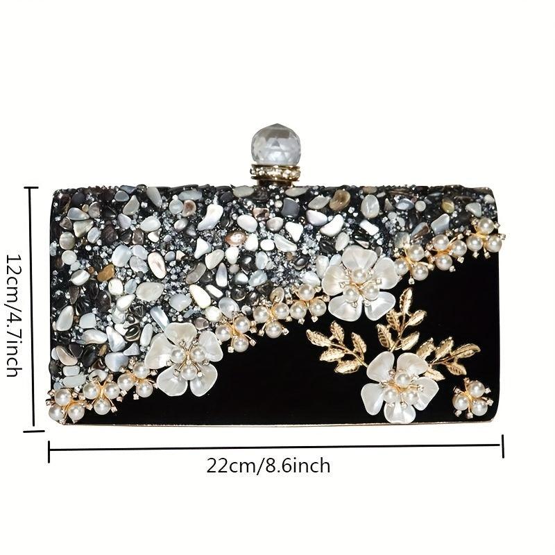 Floral Evening Clutch Bag Glitter Pearl Decor Dinner Bag