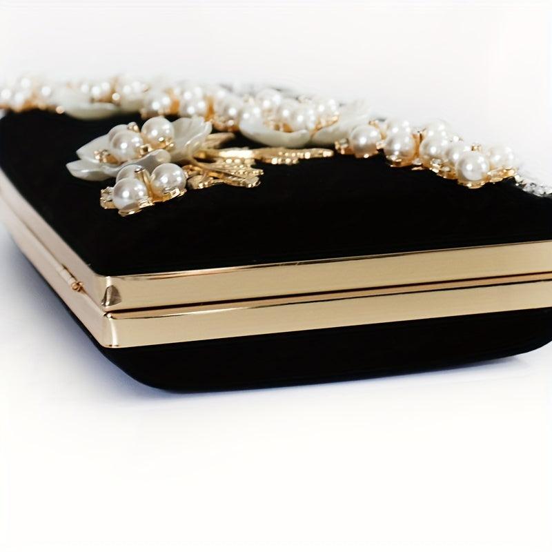 Floral Evening Clutch Bag Glitter Pearl Decor Dinner Bag