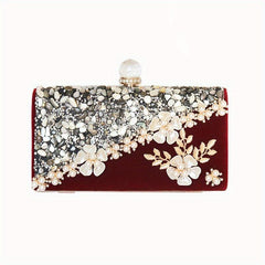 Floral Evening Clutch Bag Glitter Pearl Decor Dinner Bag