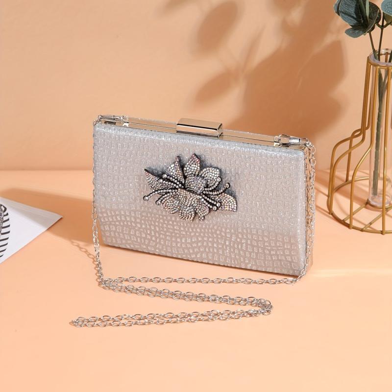 Silver Rhinestone Banquet Bag Flower Decor Evening Satchel Bag