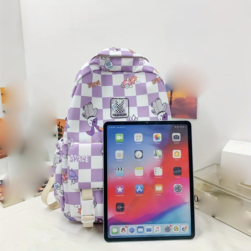 Nylon Plaid Backpack w/ Rabbits Pattern Students Backpack