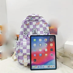 Nylon Plaid Backpack w/ Rabbits Pattern Students Backpack