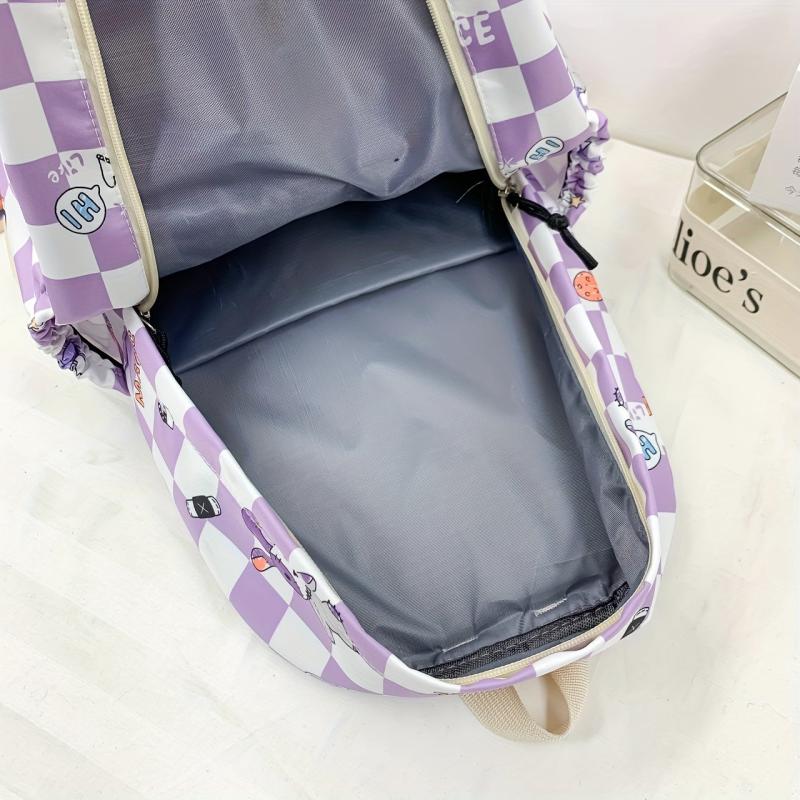 Nylon Plaid Backpack w/ Rabbits Pattern Students Backpack