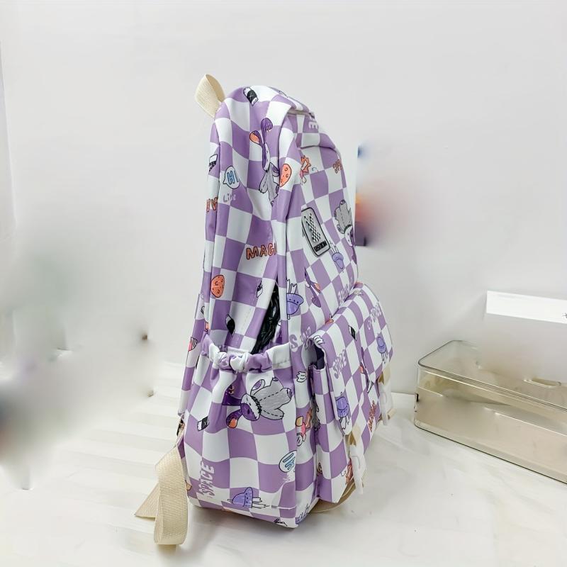 Nylon Plaid Backpack w/ Rabbits Pattern Students Backpack