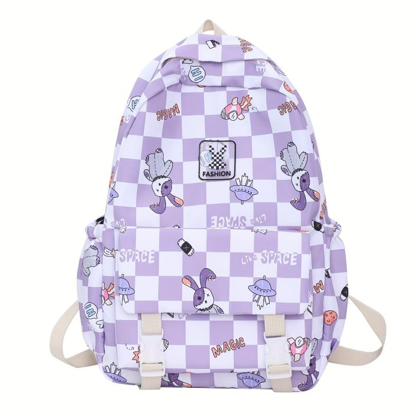 Nylon Plaid Backpack w/ Rabbits Pattern Students Backpack