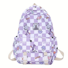 Nylon Plaid Backpack w/ Rabbits Pattern Students Backpack