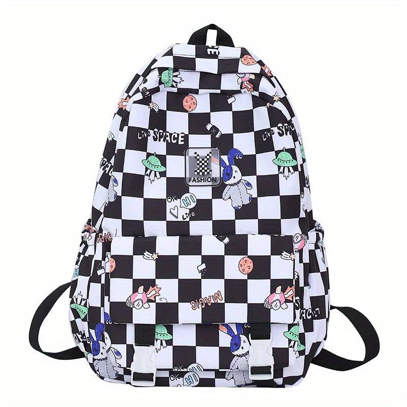 Nylon Plaid Backpack w/ Rabbits Pattern Students Backpack
