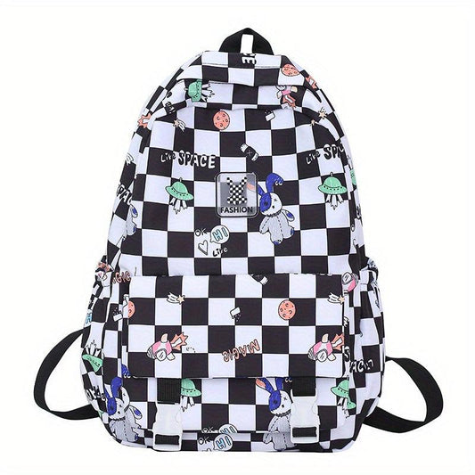 Nylon Plaid Backpack w/ Rabbits Pattern Students Backpack