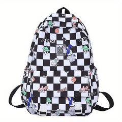 Nylon Plaid Backpack w/ Rabbits Pattern Students Backpack