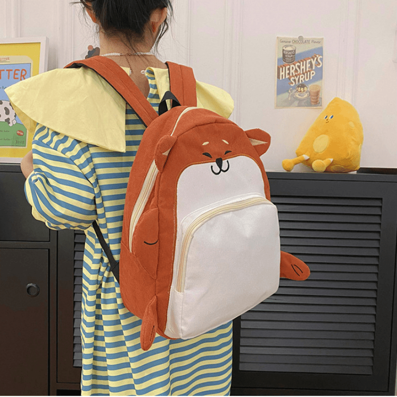 Cartoon Orange Fox Backpack Corduroy Large Capacity School Bag