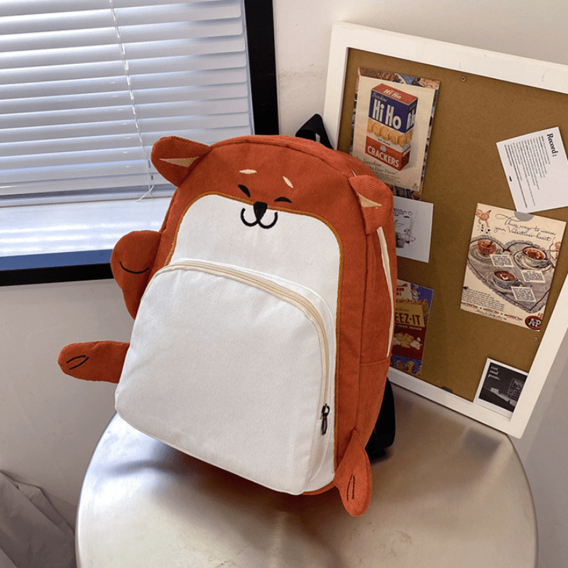 Cartoon Orange Fox Backpack Corduroy Large Capacity School Bag