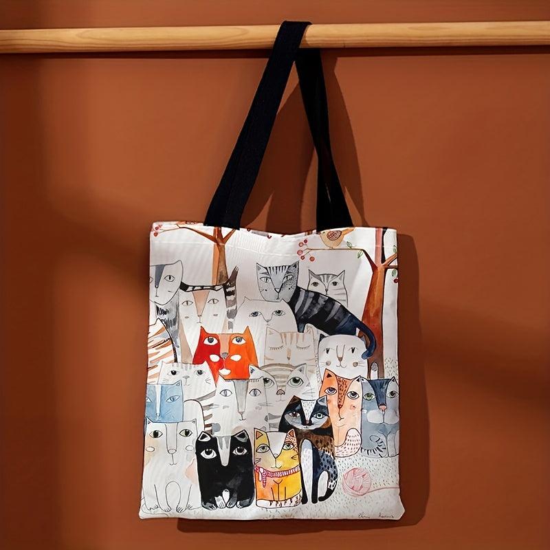 Cartoon Cats Print Shoulder Bag Canvas Satchel Lightweight Shopper Bag