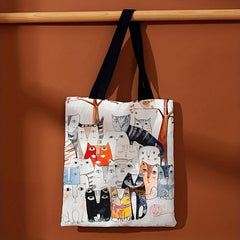 Cartoon Cats Print Shoulder Bag Canvas Satchel Lightweight Shopper Bag