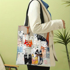 Cartoon Cats Print Shoulder Bag Canvas Satchel Lightweight Shopper Bag