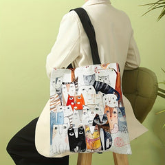 Cartoon Cats Print Shoulder Bag Canvas Satchel Lightweight Shopper Bag