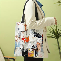 Cartoon Cats Print Shoulder Bag Canvas Satchel Lightweight Shopper Bag