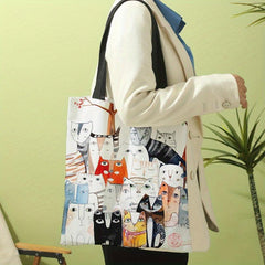 Cartoon Cats Print Shoulder Bag Canvas Satchel Lightweight Shopper Bag