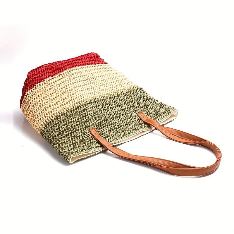 Colorblock Straw Tote Bag Minimalist Shoulder Bag All Match Travel Beach Bag