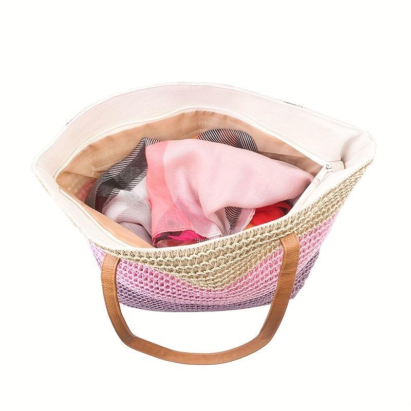 Colorblock Straw Tote Bag Minimalist Shoulder Bag All Match Travel Beach Bag