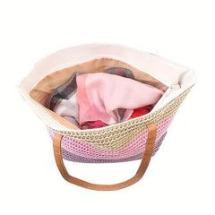 Colorblock Straw Tote Bag Minimalist Shoulder Bag All Match Travel Beach Bag