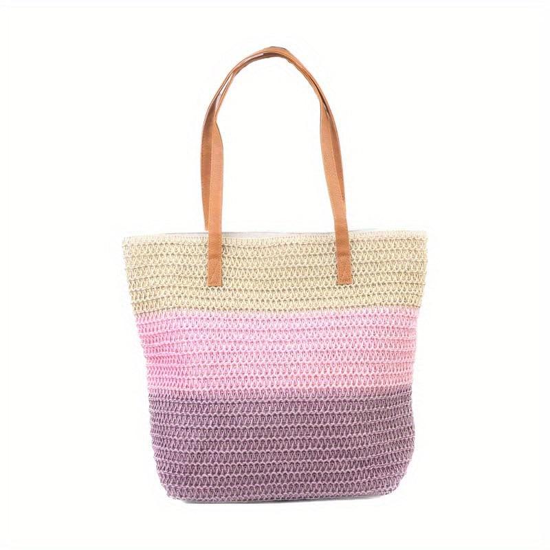 Colorblock Straw Tote Bag Minimalist Shoulder Bag All Match Travel Beach Bag