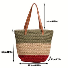 Colorblock Straw Tote Bag Minimalist Shoulder Bag All Match Travel Beach Bag