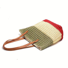 Colorblock Straw Tote Bag Minimalist Shoulder Bag All Match Travel Beach Bag