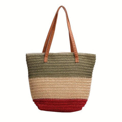 Colorblock Straw Tote Bag Minimalist Shoulder Bag All Match Travel Beach Bag
