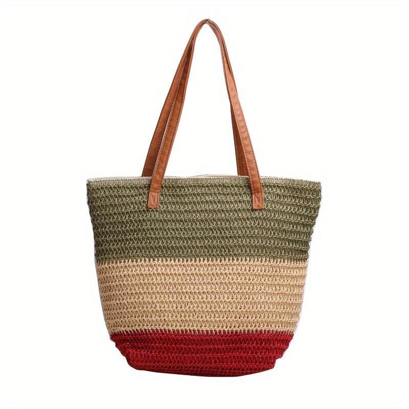 Colorblock Straw Tote Bag Minimalist Shoulder Bag All Match Travel Beach Bag