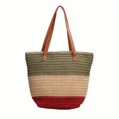 Colorblock Straw Tote Bag Minimalist Shoulder Bag All Match Travel Beach Bag