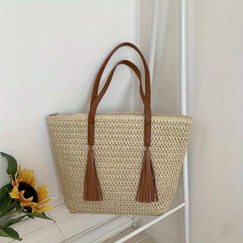 Straw Woven Tote Bag with Tassel Decor - Boho Style Summer Beach Bag