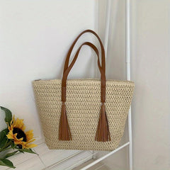 Straw Woven Tote Bag with Tassel Decor - Boho Style Summer Beach Bag