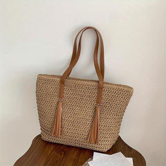 Straw Woven Tote Bag with Tassel Decor - Boho Style Summer Beach Bag