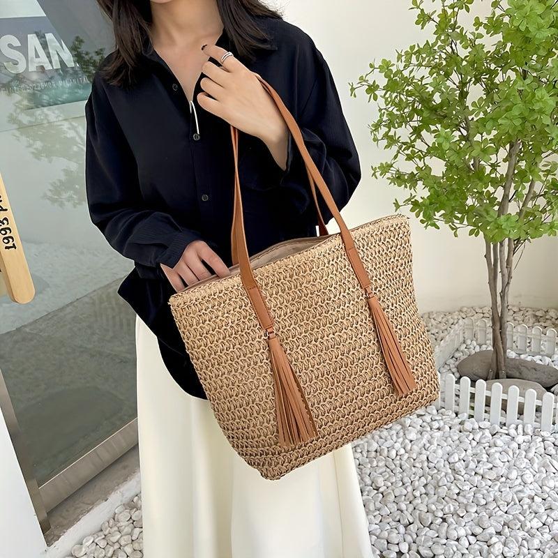 Straw Woven Tote Bag with Tassel Decor - Boho Style Summer Beach Bag